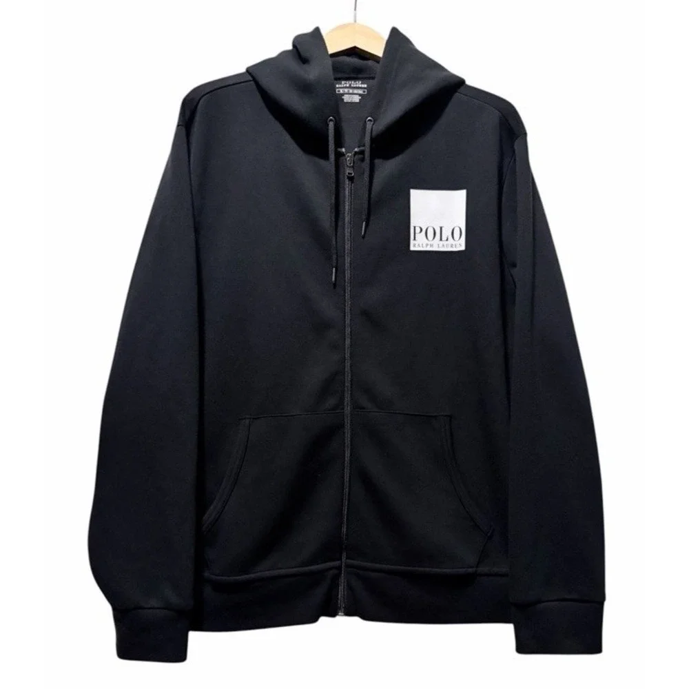 Polo Ralph Lauren Mens XL Double-Knit Full-Zip Back Logo Hoodie Spellout Black